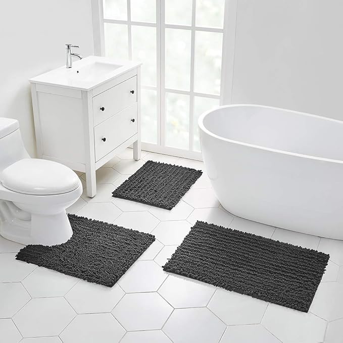 Walensee Large Bathroom Rug Non Slip Bath Mat (72x24 Inch Dark Grey) Water Absorbent Super Soft Shaggy Chenille Machine Washable Dry Extra Thick Perfect Absorbant Best Plush Carpet for Shower Floor