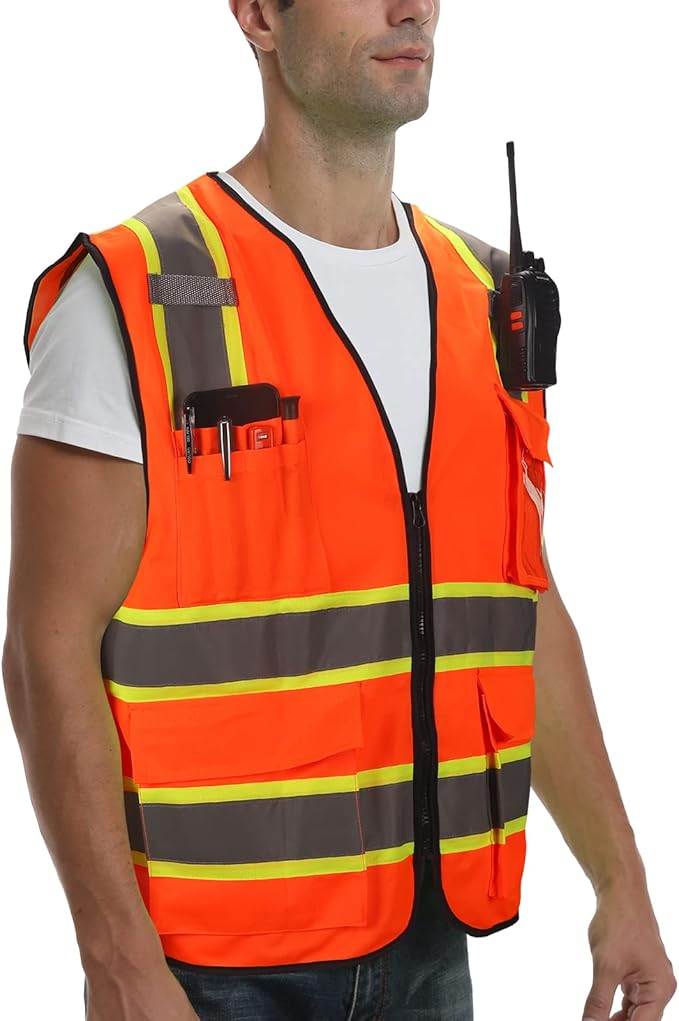 9 Pockets High visibility Class 2 Safety Vest，Hi Vis Vest with 2 inch wide Reflective Strips security vest with Zipper construction work vest for men &women Orange，2XL