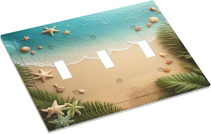 Decorative Switch Plates Summer Beach Themed Starfish Seashells 3 Gang Wall Plate Triple Toggle Light Switch Cover Faceplate Electrical Wall Panels for Bedroom Bathroom Decor