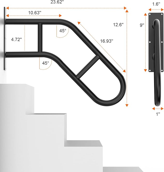 Handrails for Outdoor Steps ，22.8" Stair Railing Indoor1-3 Step, U-Shaped Safety Handrails for Kids, Elderly, Pregnant Women, Disabled(Upgraded U-Shaped handrail)