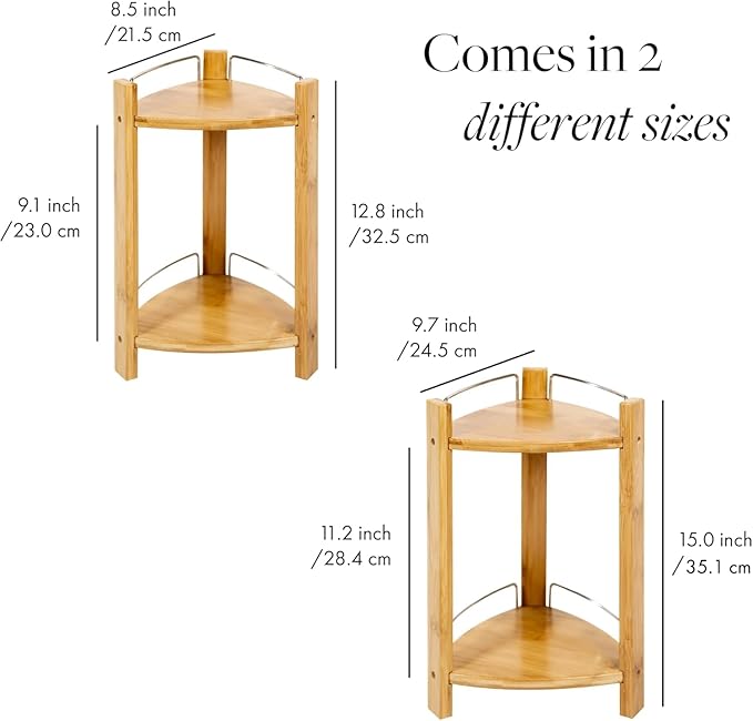 GOBAM Bamboo Shower Corner Caddy, Medium - 2 Tier Bathroom Organizer Countertop for Shampoo, Conditioner, Lotion, Soap - Standing Shower Stand for Kitchen, Bedroom, or Office