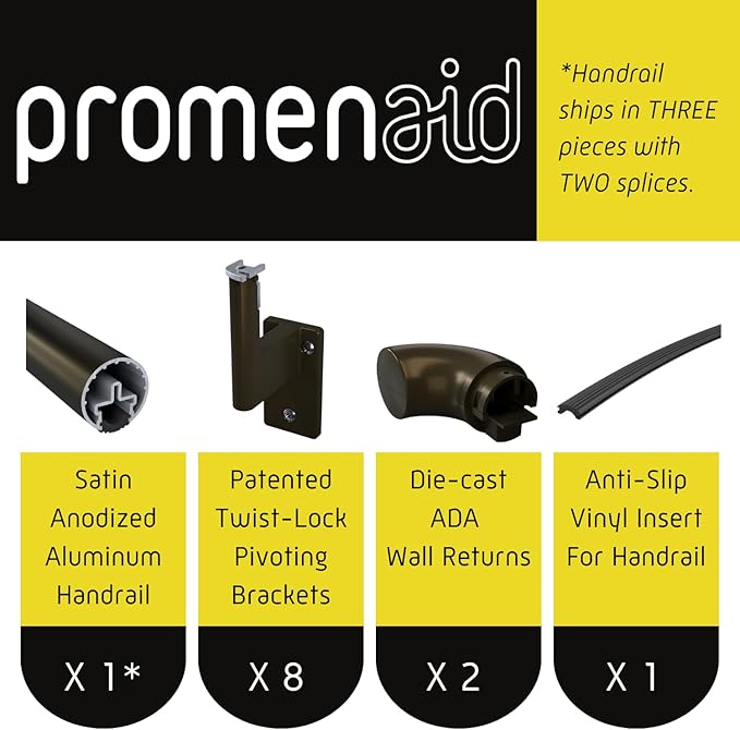 Promenaid 17ft ADA Handrail Kit - Architectural Bronze - Complete Indoor/Outdoor Handrail for Stairs - 1.6" Round Anodized Aluminum Railing with 8 Bronze Painted Brackets & ADA Wall Returns