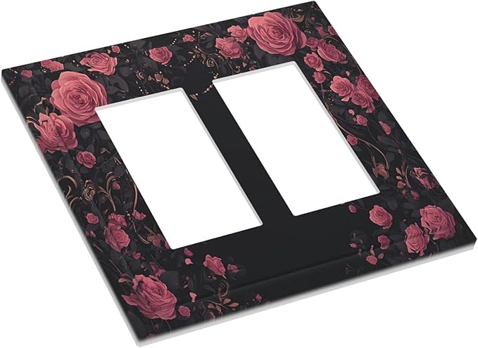 Decorative Outlet Covers Dark Background Red Rose Leaf 2 Gang Double GFCI Rocker Electrical Wall Panels Light Switch Cover Plate for Bedroom living Room Decor