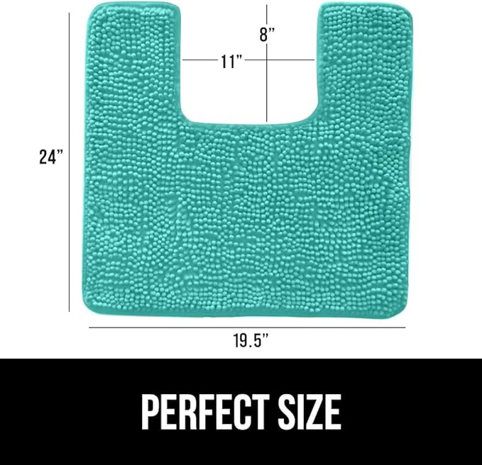 GORILLA GRIP Plush Absorbent Shaggy Chenille Bath Rug Mat for Square Toilet Base with Rubber Backing, Machine Washable Rugs, Soft Microfiber Contour Mats for Toilets, Bathroom Decor, Turquoise