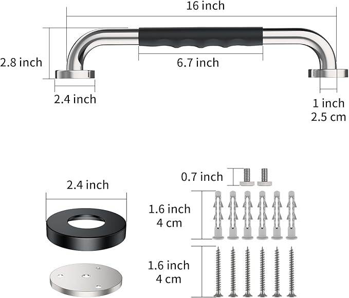 2 Pack 16 Inch Shower Grab Bar w/Anti Slip Rubber Grip,ZUEXT SUS304 Stainless Steel Bath Grab Bar,Bathroom Balance Bar,Wall Mount Safety Handrail Support,Handicap Injury Elderly Senior Assist Handle