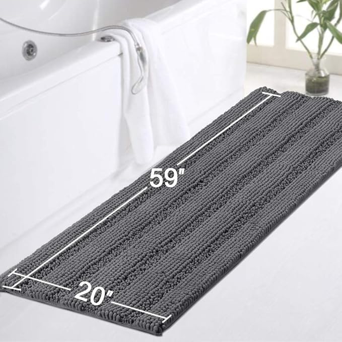 Turquoize Bathroom Runner Area Chenille Rug Oversize Non-Slip Shag Kitchen Shower Bath Mat Extra Long Grey Striped Washable for Bathroom, Gray, Size 59" x 20"