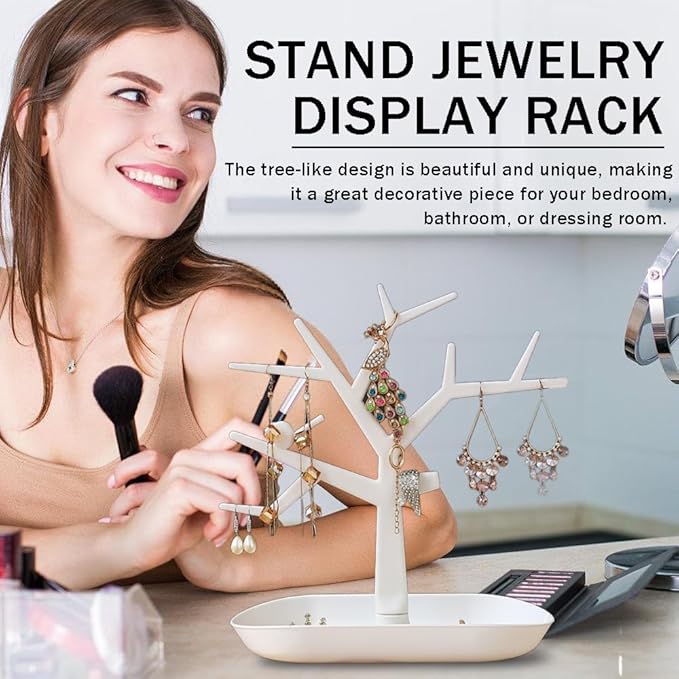 Tabletop Key Holder Stand Tree Key Rack,Stand Jewelry Display Necklace Ring Earring Holder Rack,Jewelry Organizer Tray Home Decor for Home Entryway (White)