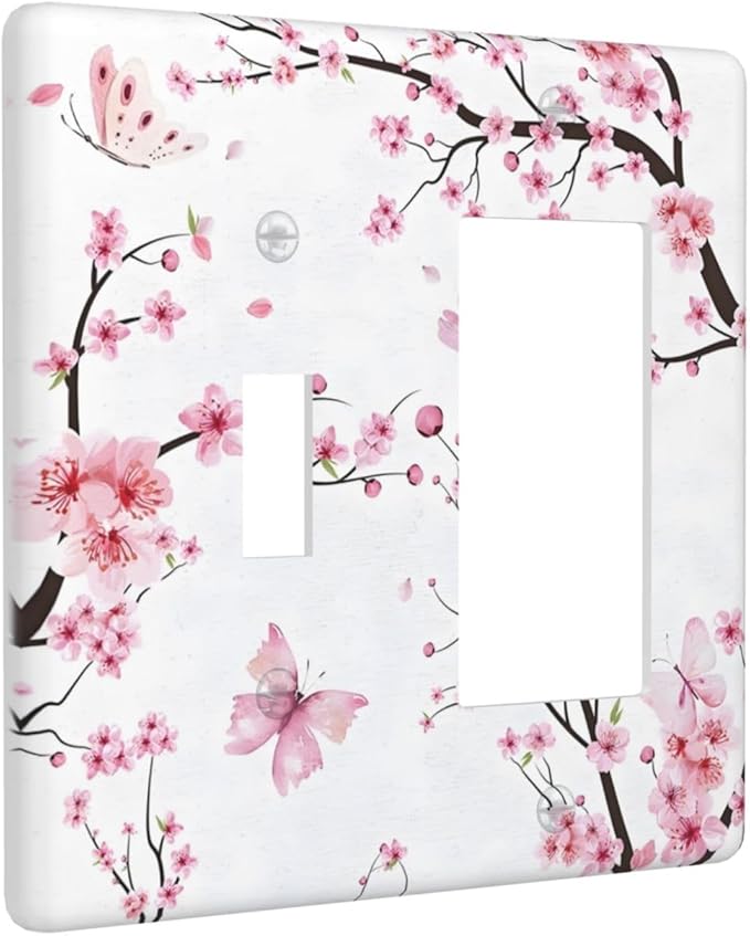 Cherry Floral Watercolor Pink Flowers Butterfly Outlet Covers 1 Toggle 1 Rocker Combination Decorative Wall Plate Electrical Switch Plates Light Switch Cover Plate for Bed Room Living Room Decor