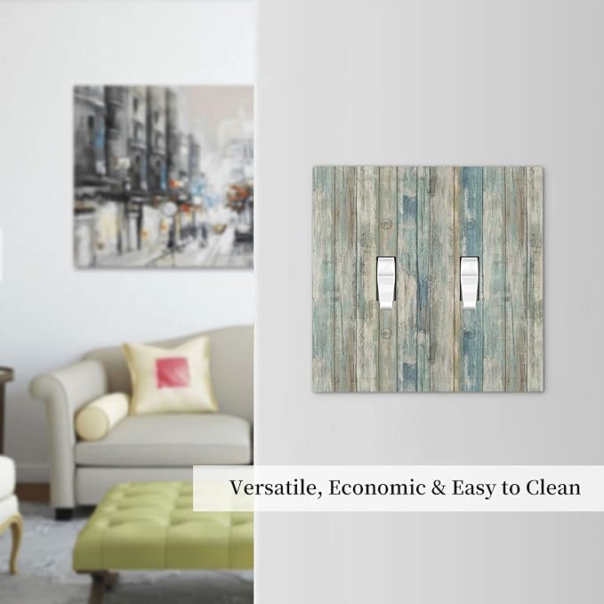 Tea Vintage Wood Plank Distressed Grain Rustic Shiplap Board Double Toggle Light Switch Cover Decorative 2-Gang Wall Plate Cover Dual Device Electrical Switchplate for Farmhouse Bathroom Decor