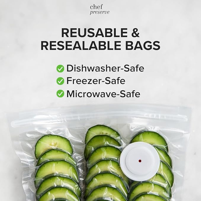 Chef Preserve Reusable Vacuum Sealer Bags for Food – 30 BPA-Free Medium (10 x 11 in) Food Storage Bags, Freezer, Microwave – Odor-Resistant, Leak-Proof – Compatible with Chef Preserve Vacuum Sealers