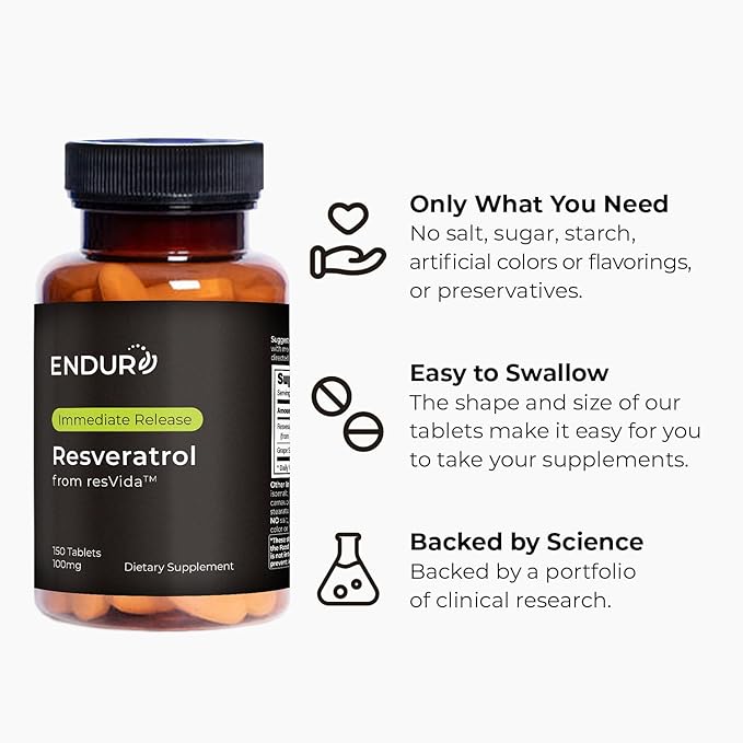 Endur Resveratrol, Healthy Aging & Cardiovascular Support Supplement, Instant Release Antioxidant Grape Skin Extract, Gluten Free, 100mg (150 Tablets)