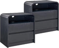 25" Tall Modern Nightstand Set of 2, 23.6'' Wide Wood Bedside Table w/2 Storage Drawers, Charging Station, Mid Century End Table for Bedroom, Living Room,Curved Profile Design, Black