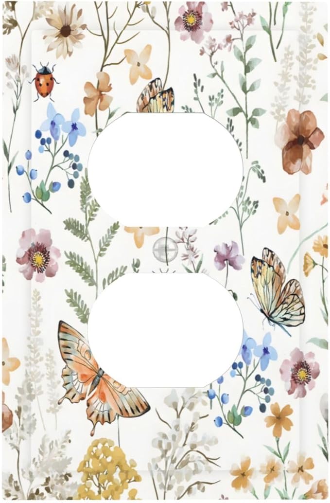 Boho Multicolor Flower Butterfly Insect Floral Outlet Covers 1 Gang Duplex Light Switch Cover Decorative Switch Plates Electrical Receptacle Faceplate Wall Plate for Bedroom Living Room Decor