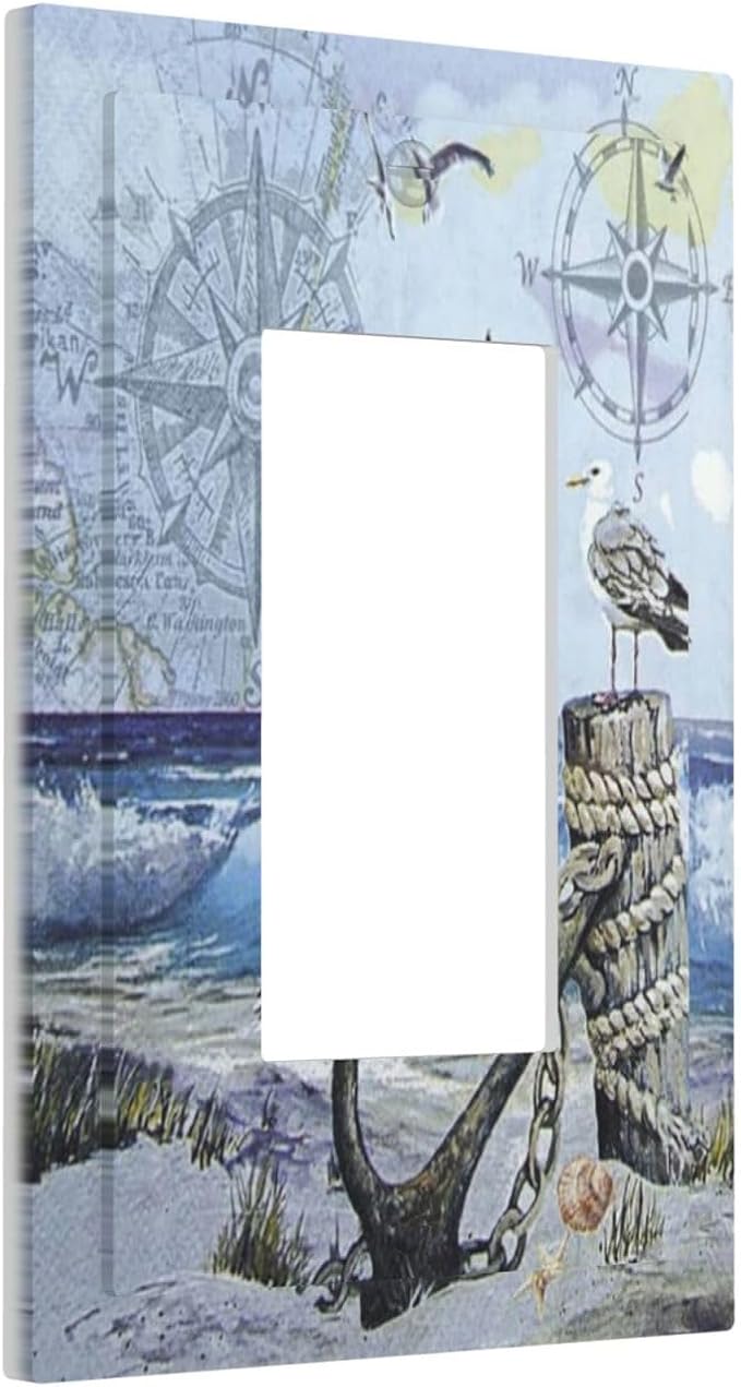 Outlet Covers Sea Ocean Sand Coast Compass Ship Lighthouse Anchor 1 Gang Wall Plate Single Rocker Light Switch Cover Decorative GFCI Receptacle Cover Electrical Switchplate for Bathroom Decor