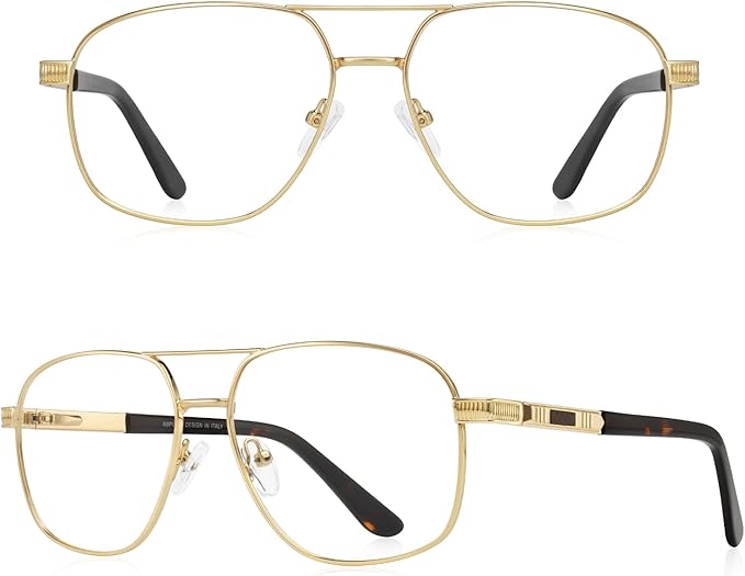 RB. Pilot Reading Glasses for Men Square Double Bridge Light Blocking Computer Readers Spring Hinge Metal Frame Acetate Legs