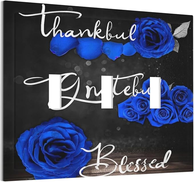 Light Switch Cover Blue Rose Thankful Grateful Blessed 3 Gang Wall Plate Triple Light Switch Plate Romantic Blue Floral Toggle Decorative Outlet Covers Electrical Switchplate for Home Decor
