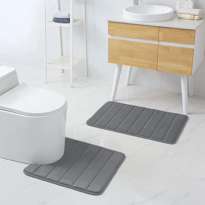 Buganda Memory Foam U-Shaped Contour Toilet Rugs, Non Slip Absorbent, Thick Soft Washable Bathroom Mat, Floor Carpet Bath Rugs Mat for Toilet Base (24" x 20", Grey)