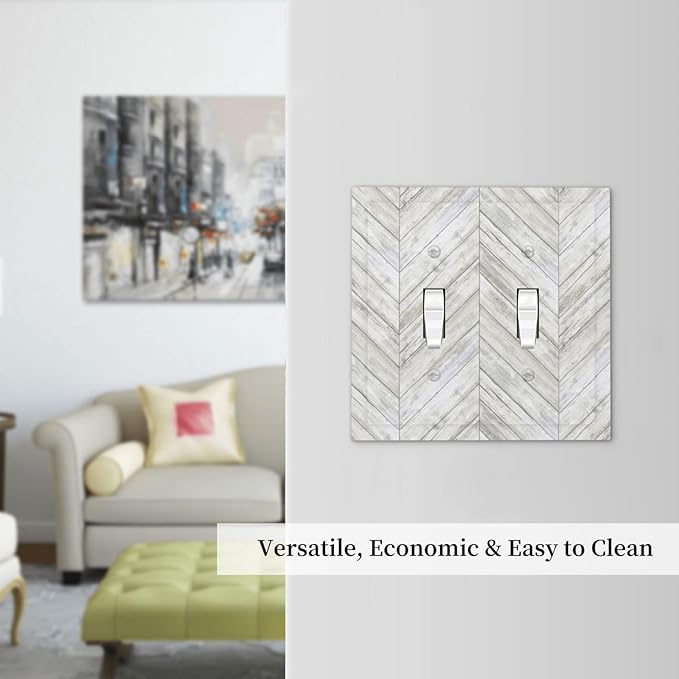 Rustic White Gray Herringbone Wood Plank Double Toggle Light Switch Cover Decorative Vintage Country 2 Gang Wall Plate Electrical Faceplate Switchplate for Farmhouse Bedroom Living Room Decor