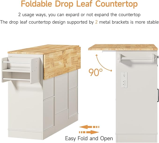 ONBRILL 61" Kitchen Islands with Movable Wood Cutting Board & Trash Storage Cabinets, Rolling Island Cart with Drop Leaf & Power Outlet, Dining Table with Spice & Towel Rack & Knife Holder, White