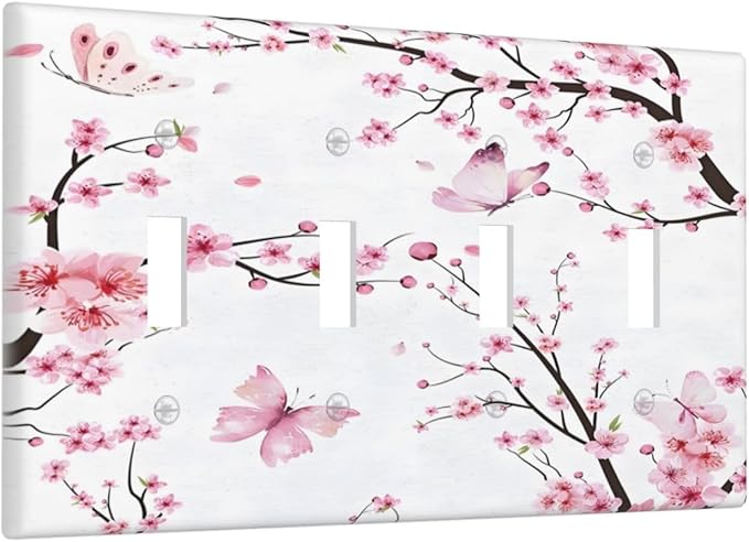 Cherry Floral Watercolor Pink Flowers Butterfly Light Switch Covers Quad Toggle Electrical Faceplate 4 Gang Wall Plate Decorative Switch Plates for Bed Room Living Room Decor