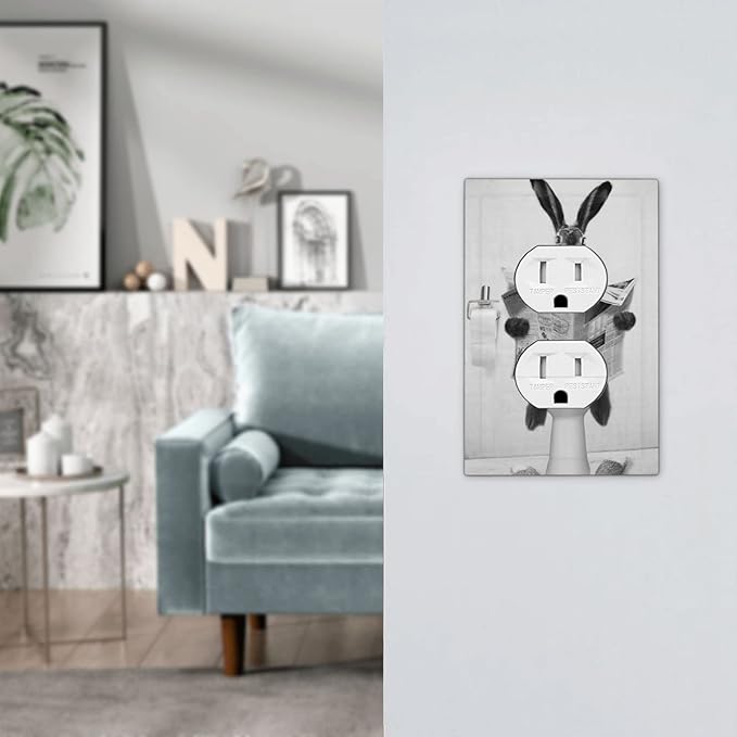 Outlet Covers Funny Retro Cute Animals Grey Black Rabbit 1 Gang Duplex Light Switch Cover Plate Decorative Dual Device Wall Plate Receptacle Electrical Switchplate for Country Bathroom Bedroom