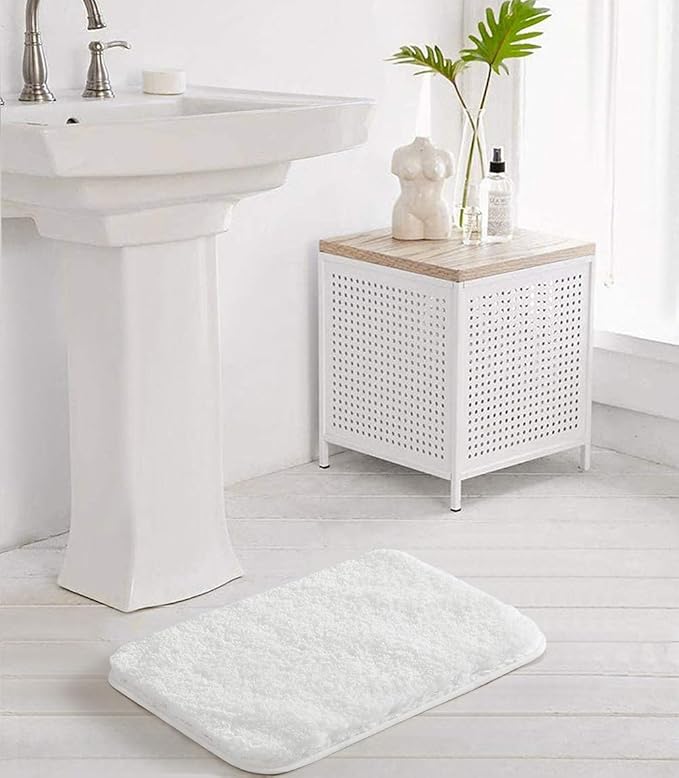 Suchtale Non Slip Shaggy Microfiber Bath Mat, 16 x 24, White - Thick Plush Absorbent Mat - Machine Washable, for Bathroom & Shower