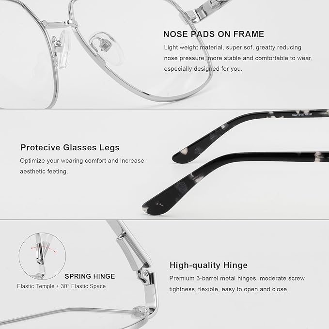 RB. Pilot Reading Glasses for Men Square Double Bridge Light Blocking Computer Readers Spring Hinge Metal Frame Acetate Legs