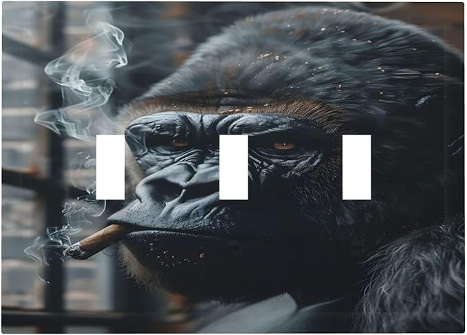 Funny Animal Smoking Black Orangutan Decorative Switch Plates 3 Gang Wall Plate Triple Toggle Light Switch Cover Faceplate Electrical Wall Panels for Farmhouse Home Office Decor