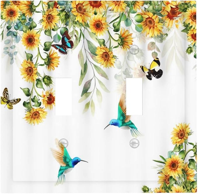 Yellow Sunflower Blue Hummingbird Butterfly Double Toggle Light Switch Cover Plate Decorative Rustic Farmhouse Floral Botanical 2-Gang Wall Plate Dual Device Electrical Switchplate for Bedroom