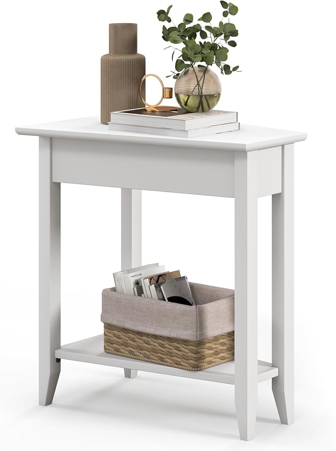 Giantex Wedge End Table White, Triangle Side Table with Storage Shelf and Solid Wood Legs, Recliner Table, 24.5" Tall Nightstand, Modern Narrow Accent Table for Small Space Living Room