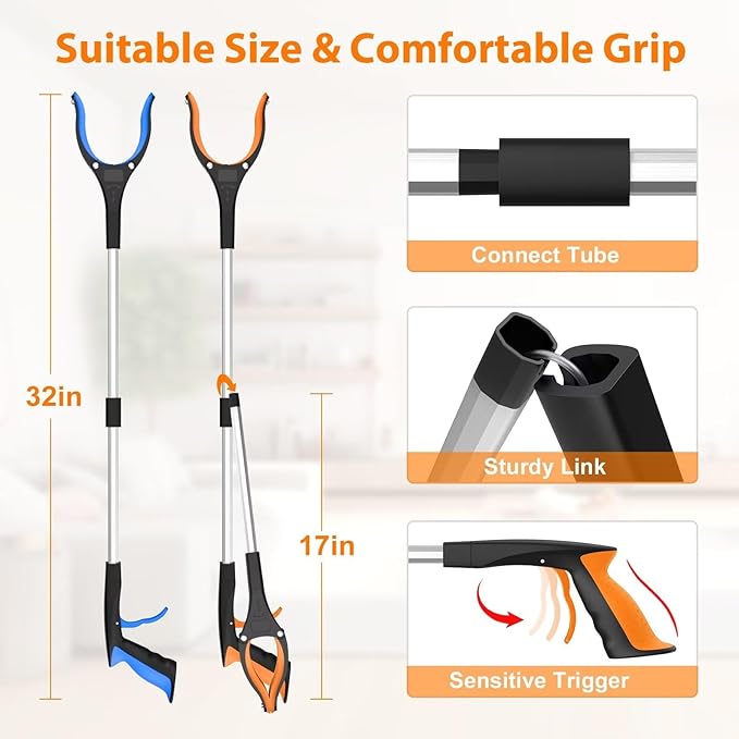 32" Grabber Reacher Tool, 2-Pack Foldable Reacher Grabber Pickup Tool with 360° Rotating Jaw & Magnet, Trash Picker Upper Grabber, Lightweight Grabbers for Seniors Heavy Duty