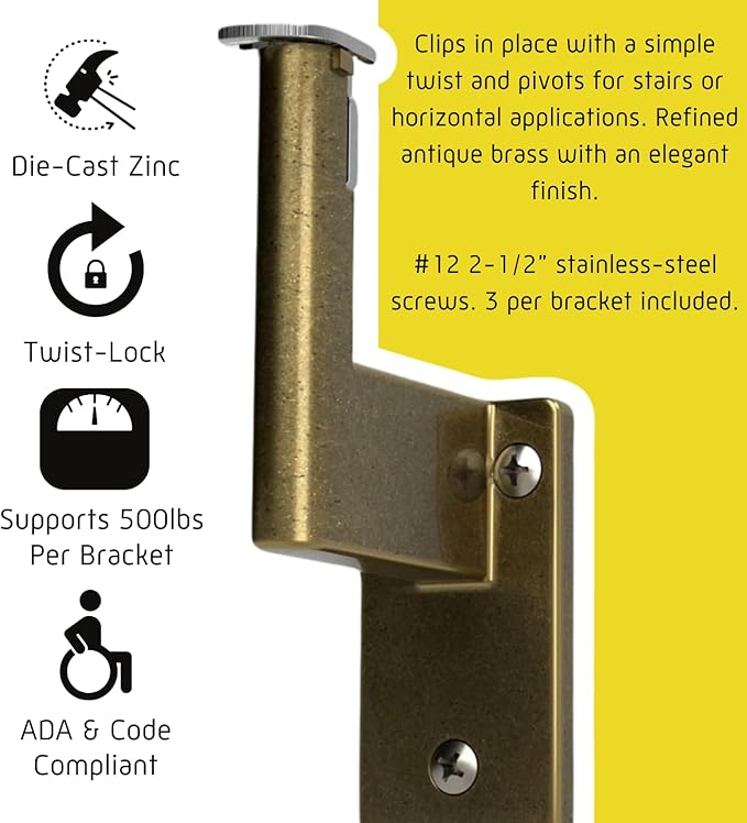 Promenaid 14ft Flush Handrail Kit - Architectural Bronze - Complete Indoor/Outdoor Handrail for Stairs - 1.6" Round Anodized Aluminum Railing With 5 Antique Brass Pivoting Wall Brackets & Flush Endcap