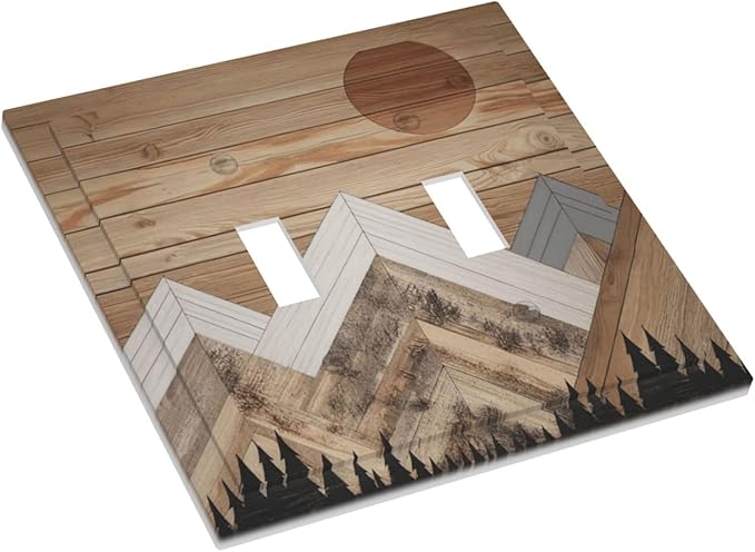 Wooden Planks Mosaic Snow Mountain Sun Decorative Switch Plates 2 Gang Double Toggle Outlet Light Switch Cover Wall Plate Electrical Faceplate for Farmhouse Home Decor