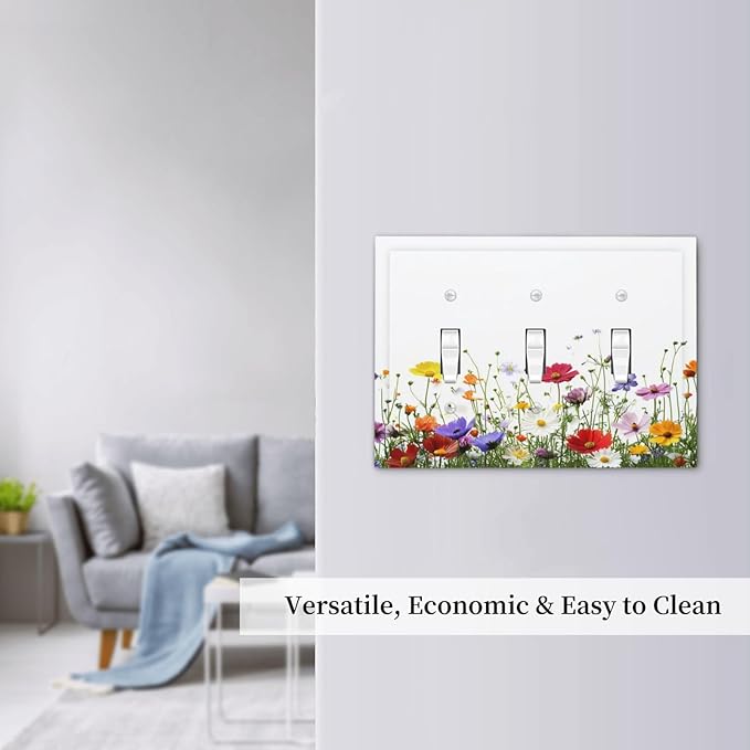 Decorative Switch Plates Colorful Wildflowers Plant Floral Daisy 3 Gang Wall Plate Triple Toggle Light Switch Cover Faceplate Electrical Wall Panels For Bed Room Living Room Decor
