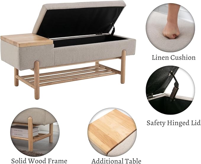 EALSON Modern Storage Bench for Bedroom End of Bed Upholstered Ottoman Bench with Storage and Wood Shoe Rack Farmhouse Long Seating Bench for Entryway/Hallway/Foyer, Linen Beige