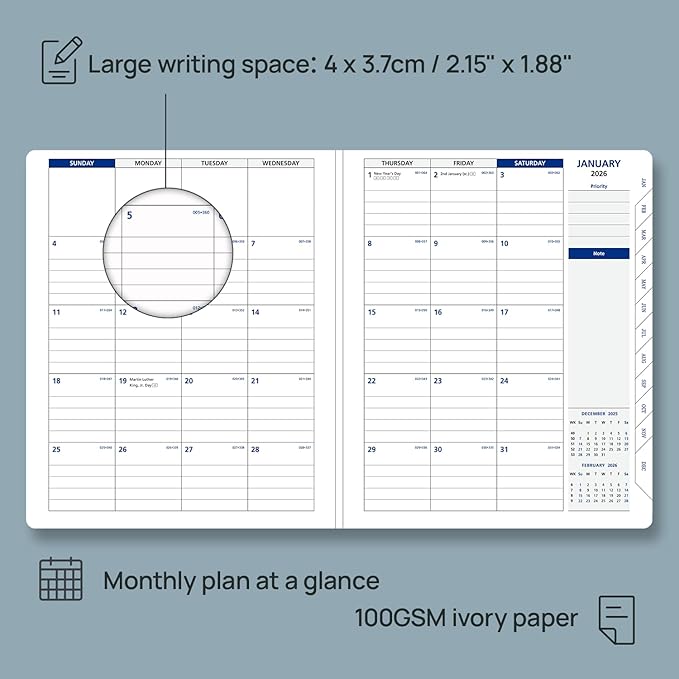 POPRUN 2026 Weekly Planner (Medium 7'' x 8.5''), 30-Minute Hourly Appointment Book (Jan 2026-Dec 2026) with Monthly Tabs, Inner Pockets, Pen Holder, PU Leather Softcover, 100GSM - Black