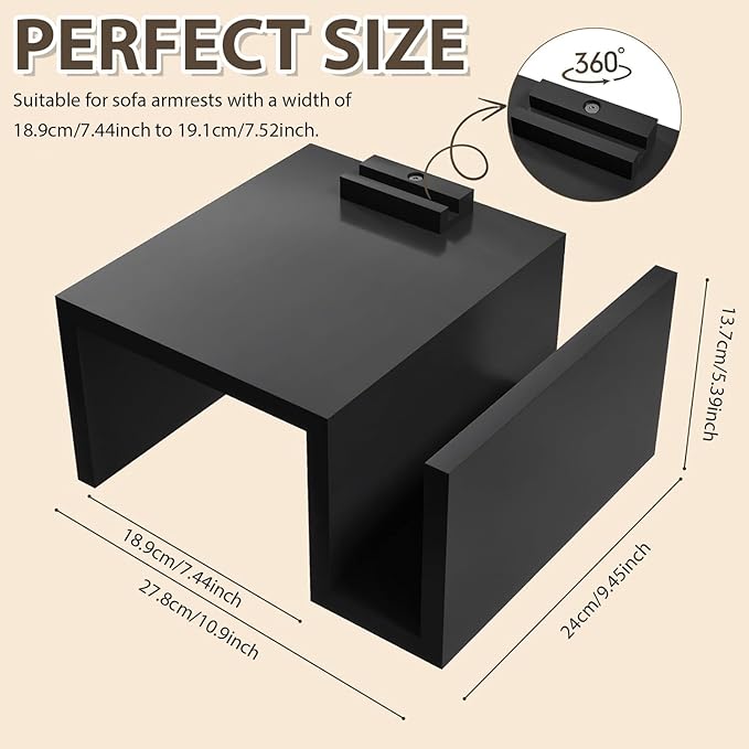 Wooden Couch Cup Holder with Side Storage Pocket Wooden Couch Armrest Table Sofa Arm Tray for TV Dinners Eating Drinks Snacks (Black)