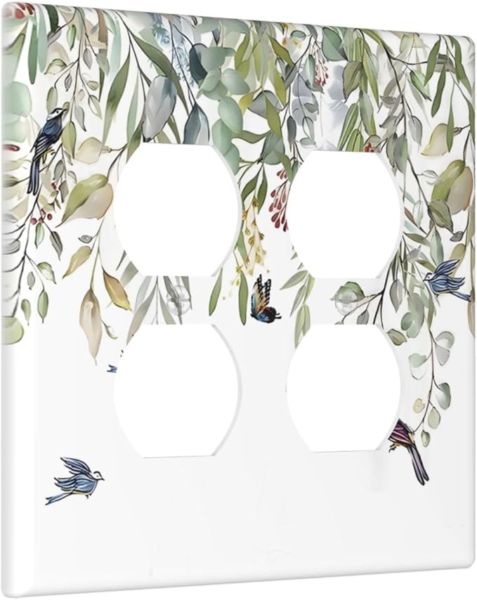 Green Leaf Eucalyptus Leaves Floral Bird Butterfly Outlet Covers 2 Gang Double Duplex Decorative Light Switch Covers Electrical Wallplates Socket Faceplate for Bed Room Living Room Decor