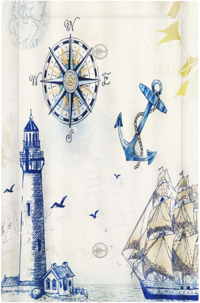 Nautical Sailboat Lighthouse Compass Anchor 1 Gang No Device Light Switch Cover Plate Decorative Single Blank Electrical Wall Plate Rustic Unused Outlets/Switches for Country Bathroom Decor