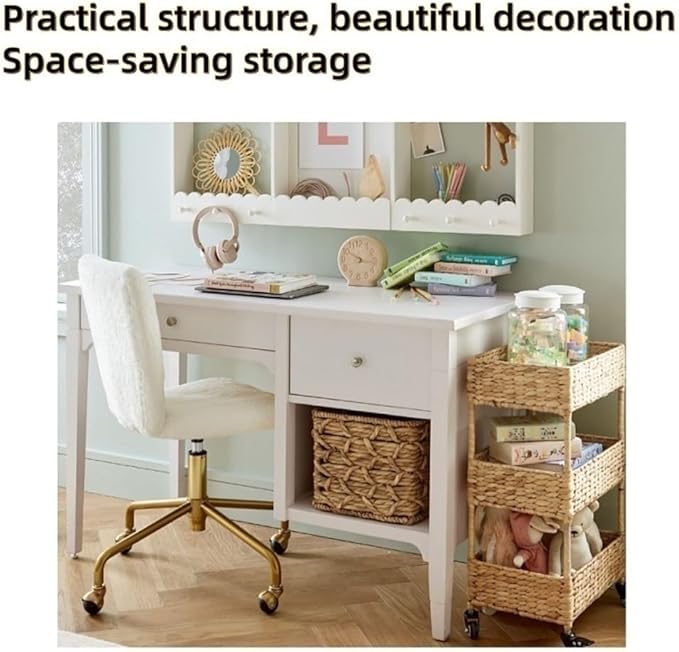 Wicker 3 Tier Rolling Cart, Storage Cart with Wheels, Basket Stand for Snack, Bathroom Carts, Lightweight Utility Carts for Kitchen, Living Room