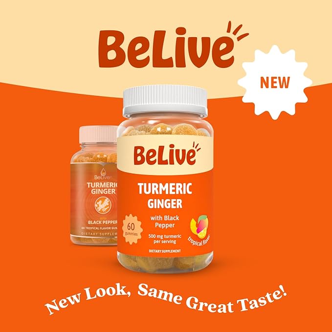 BeLive Turmeric Curcumin with Black Pepper & Ginger - 500 mg of Turmeric and Ginger Supplement for Immune Support, Healthy Skin, and Joint Health - Tropical Flavor | 60 Count