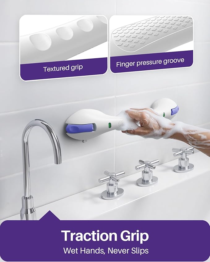 KEKOY 17.5 Inch Suction Grab Bars for Bathtubs & Showers with Indicator 2 Pack- Heavy Duty Safety Shower Handle for Seniors and Elderly, Handicap Bars for Bathroom, No Drilling, Purple