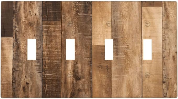 Rustic Brown Wood Splicing Vintage Dark Oak Print Light Switch Covers Quad Toggle Electrical Faceplate 4 Gang Wall Plate Decorative Switch Plates Cover for Farmhouse Home Decor