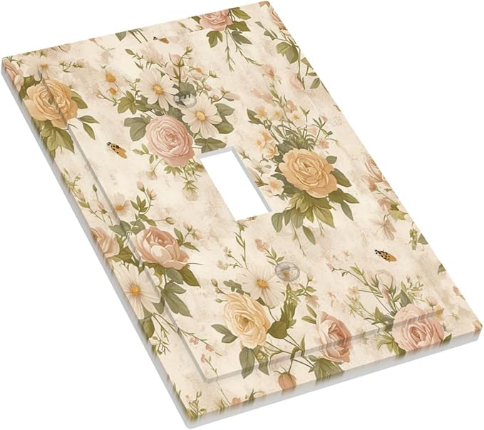 Decorative Light Switch Cover Boho Vintage Roses Pink Red Yellow Bouquet Floral 1 Gang Single Toggle Device Electrical Faceplate Switchplates Decorator Outlet Wall Plate for Bedroom