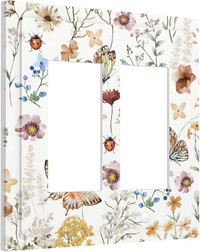 Boho Multicolor Flower Butterfly Insect Floral Decorative Outlet Covers 2 Gang Double GFCI Rocker Electrical Wall Panels Light Switch Cover Plate for Bedroom Living Room Decor
