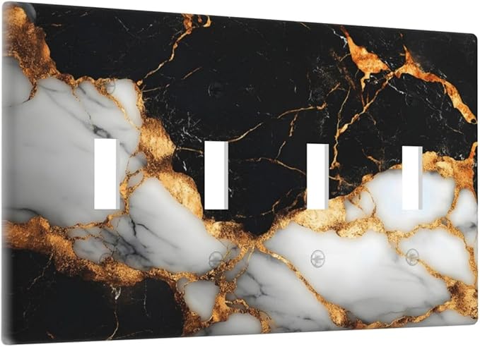 Decorative Switch Plate Covers Black Gold Marble 4 Gang Light Switch Cover Plate Quad Toggle Wall Plate Light Switch Covers for Country Bathroom Bedroom Decor