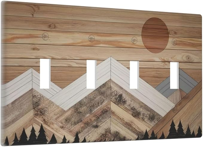 Wooden Planks Mosaic Snow Mountain Sun Light Switch Covers Quad Toggle Electrical Faceplate 4 Gang Wall Plate Decorative Switch Plates for Farmhouse Home Decor