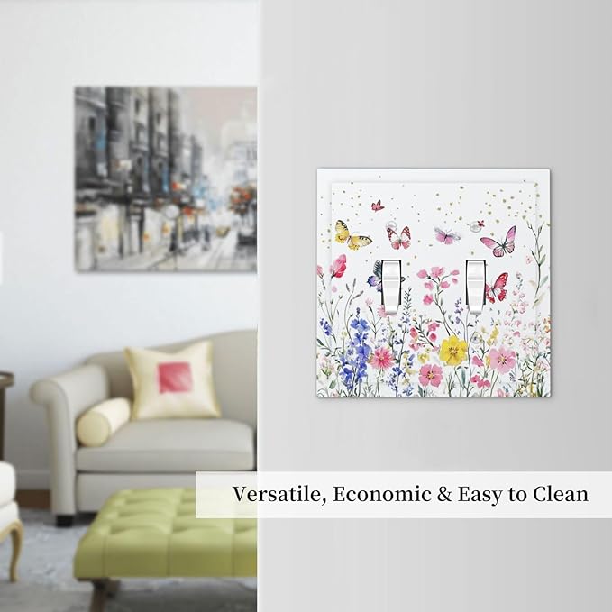 Decorative Switch Plates Watercolor Floral Butterfly Colorful Wildflower 2 Gang Double Toggle Outlet Light Switch Cover Wall Plate Electrical Faceplate For Bed Room Living Room Decor