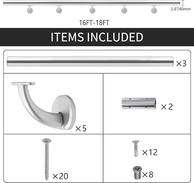 17 FT Modern Aluminum Handrail Set, handrails for Indoor Stairs,Deck,Slope, Wall Mounted Staircase handrails, Zink Alloy Brackets Included,Rust Free. (Anodized Silver, 17 FT)