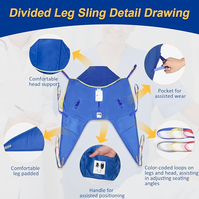 Patient Lift Slings for Home Use,Transfer Aids for Disabled and Elderly, Divided Leg Sling with Head Support,Sling for Toileting, Supports up to 500 lbs (Large)